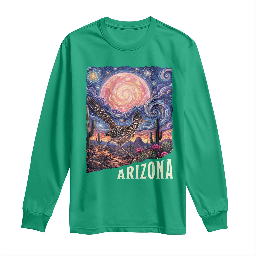 Arizona Roadrunner Vintage Desert Moon Retro Cactus Long Sleeve Shirt Southwest Wildlife Bird Starry Night Style