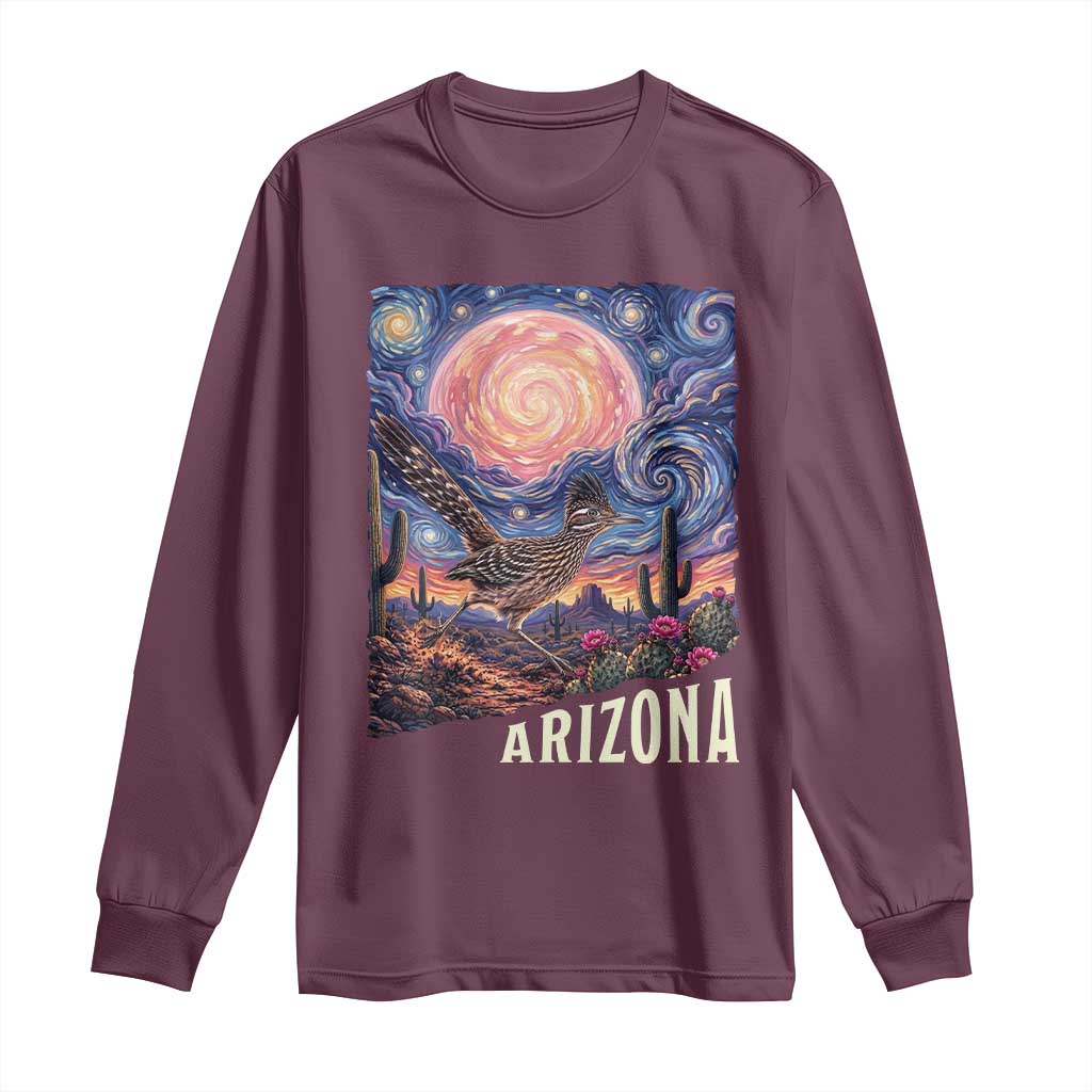 Arizona Roadrunner Vintage Desert Moon Retro Cactus Long Sleeve Shirt Southwest Wildlife Bird Starry Night Style