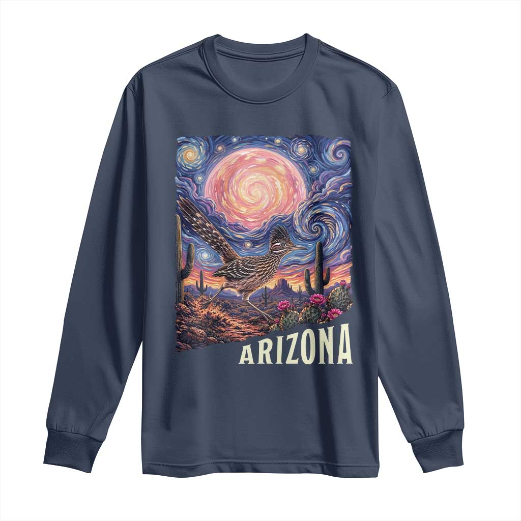 Arizona Roadrunner Vintage Desert Moon Retro Cactus Long Sleeve Shirt Southwest Wildlife Bird Starry Night Style