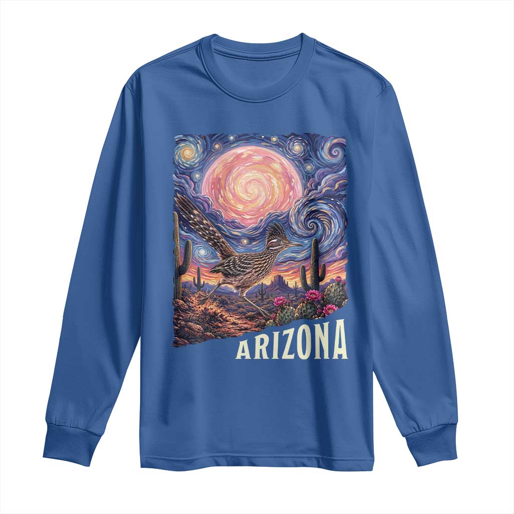 Arizona Roadrunner Vintage Desert Moon Retro Cactus Long Sleeve Shirt Southwest Wildlife Bird Starry Night Style