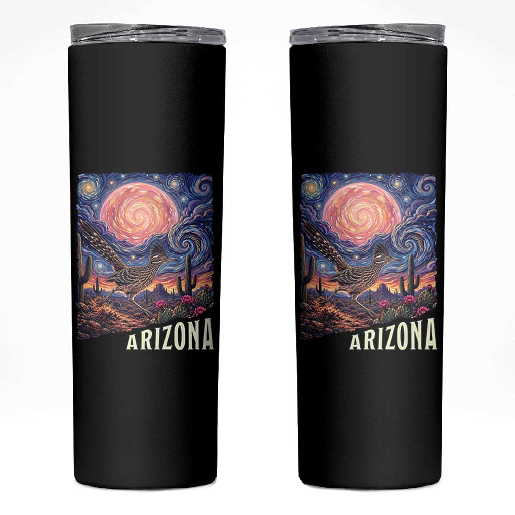 Arizona Roadrunner Vintage Desert Moon Retro Cactus Skinny Tumbler Southwest Wildlife Bird Starry Night Style