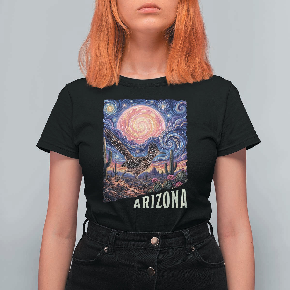 Arizona Roadrunner Vintage Desert Moon Retro Cactus T Shirt For Women Southwest Wildlife Bird Starry Night Style