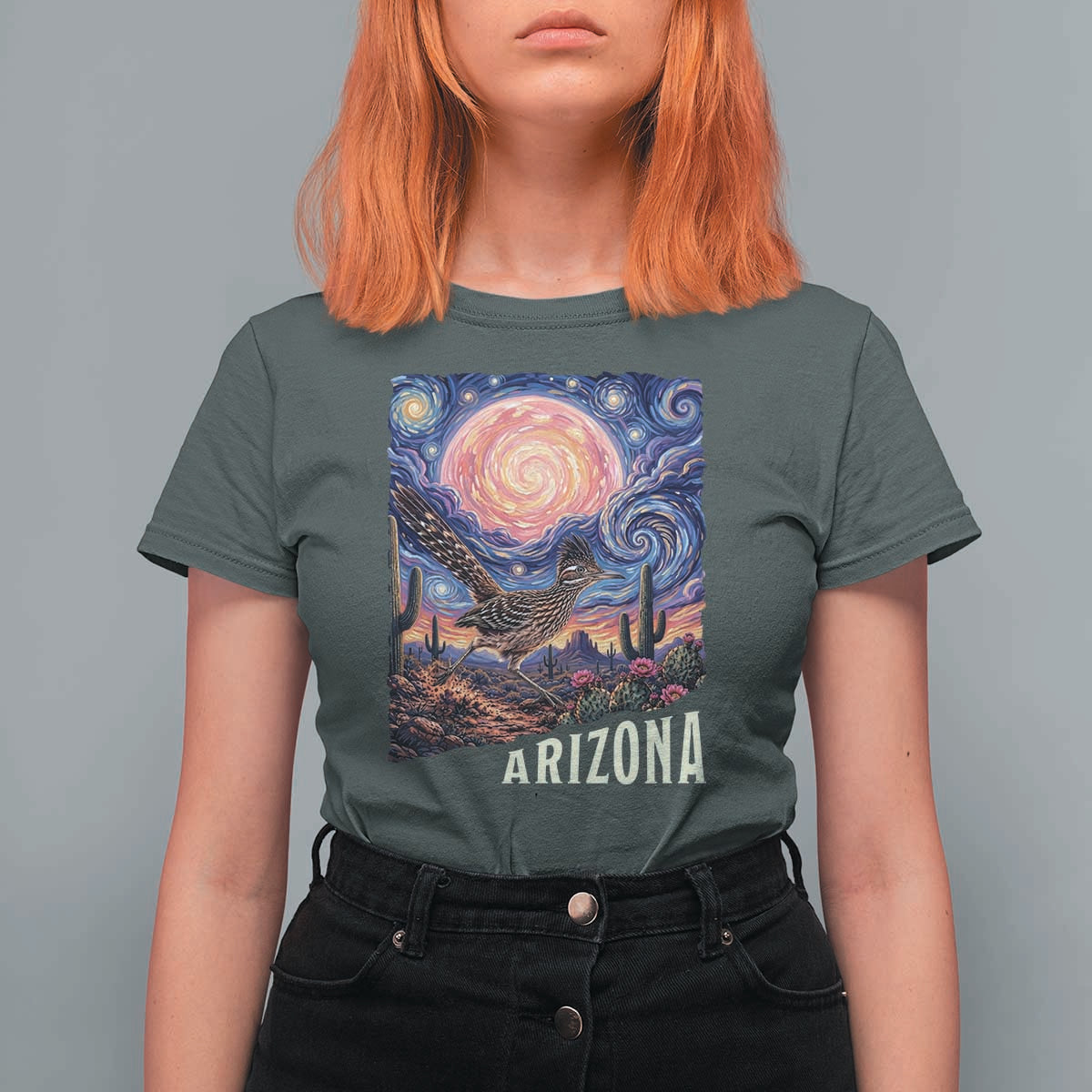 Arizona Roadrunner Vintage Desert Moon Retro Cactus T Shirt For Women Southwest Wildlife Bird Starry Night Style