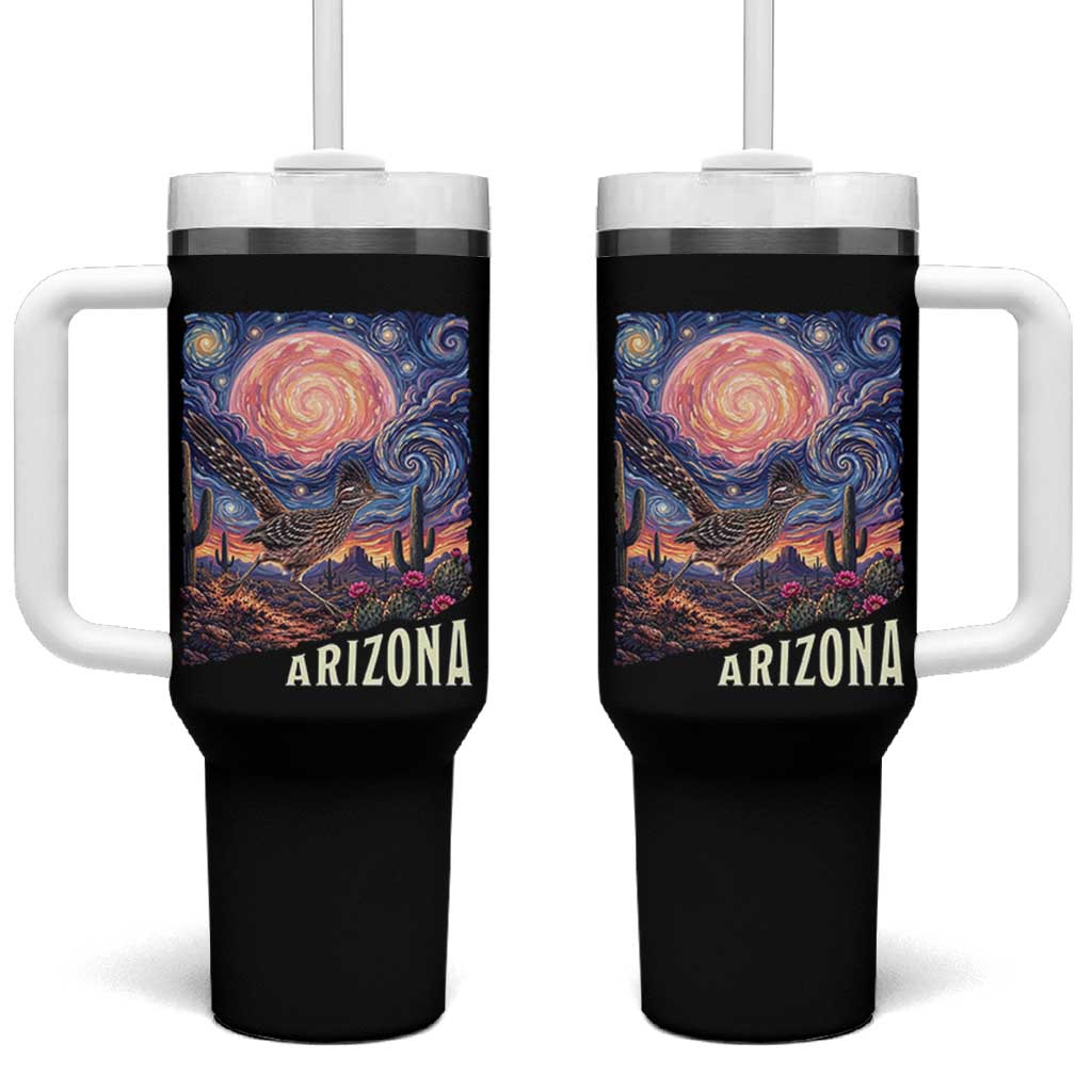 Arizona Roadrunner Vintage Desert Moon Retro Cactus Tumbler With Handle Southwest Wildlife Bird Starry Night Style
