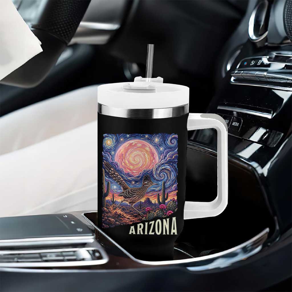Arizona Roadrunner Vintage Desert Moon Retro Cactus Tumbler With Handle Southwest Wildlife Bird Starry Night Style