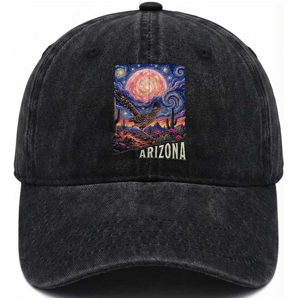 Arizona Roadrunner Vintage Desert Moon Retro Cactus Washed Cotton Baseball Cap Southwest Wildlife Bird Starry Night Style