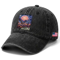 Arizona Roadrunner Vintage Desert Moon Retro Cactus Washed Cotton Baseball Cap Southwest Wildlife Bird Starry Night Style