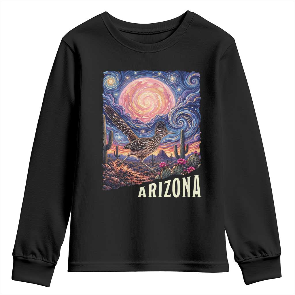 Arizona Roadrunner Vintage Desert Moon Retro Cactus Youth Sweatshirt Southwest Wildlife Bird Starry Night Style