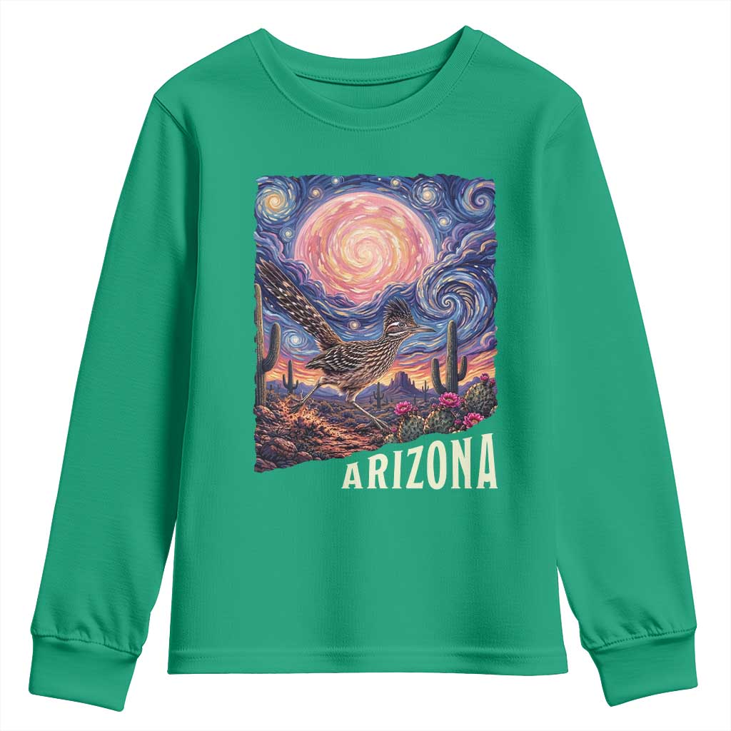 Arizona Roadrunner Vintage Desert Moon Retro Cactus Youth Sweatshirt Southwest Wildlife Bird Starry Night Style