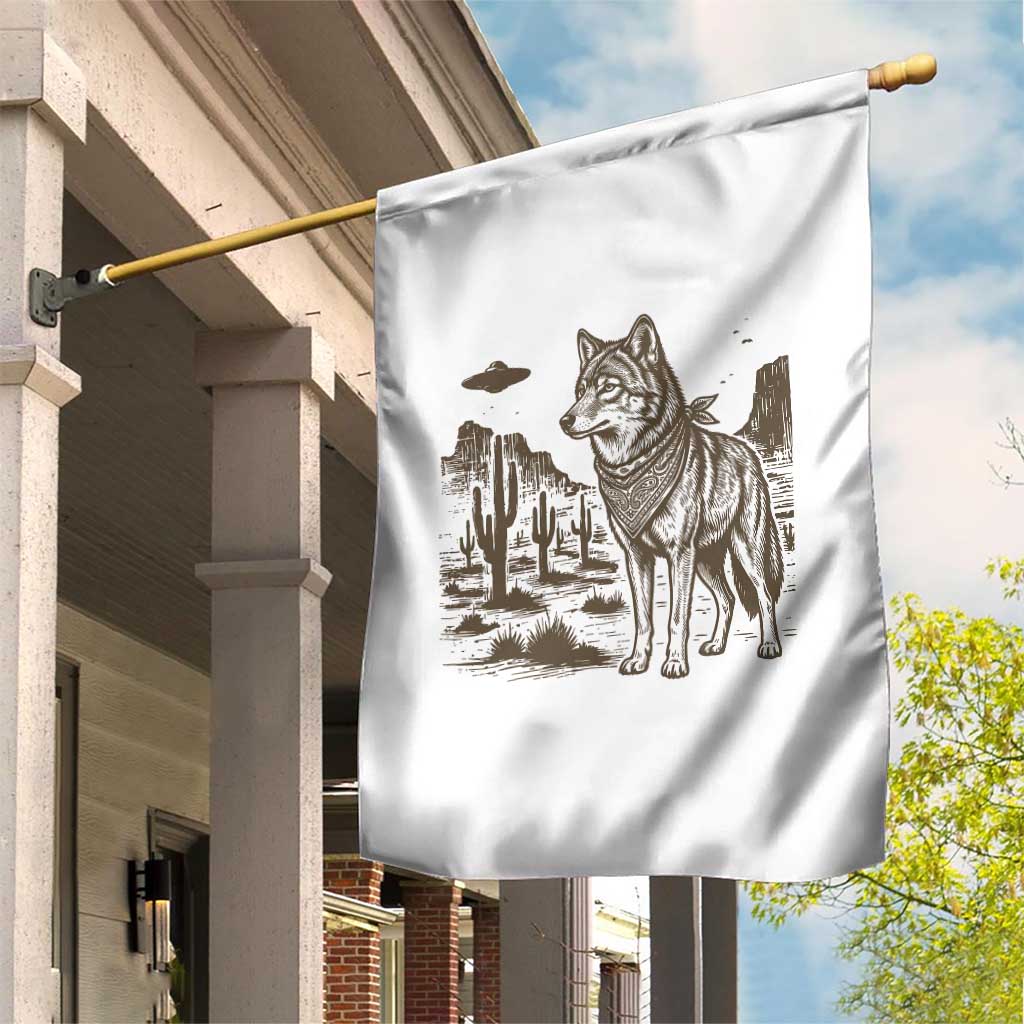 Vintage Coyote Cowboy UFO Garden Flag Western Desert Southwest Coyote Alien