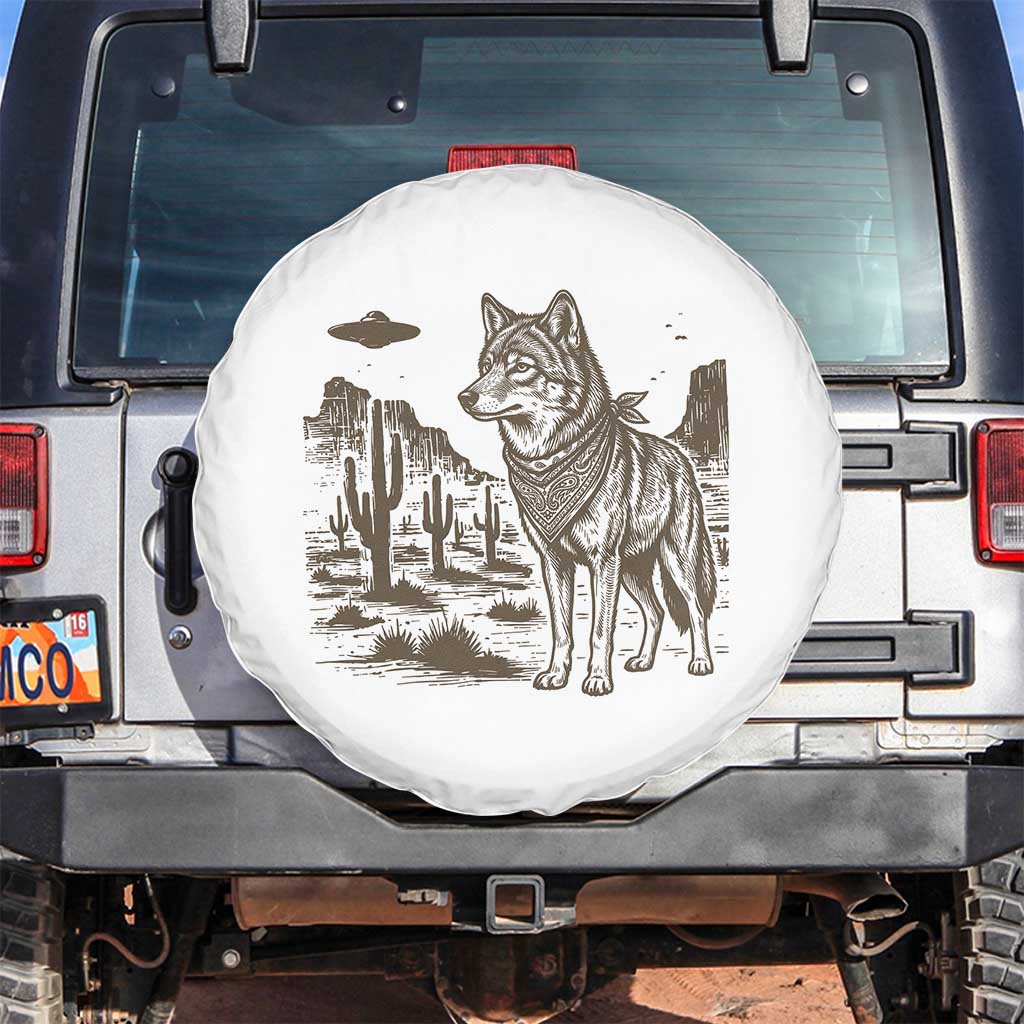 Vintage Coyote Cowboy UFO Spare Tire Cover Western Desert Southwest Coyote Alien