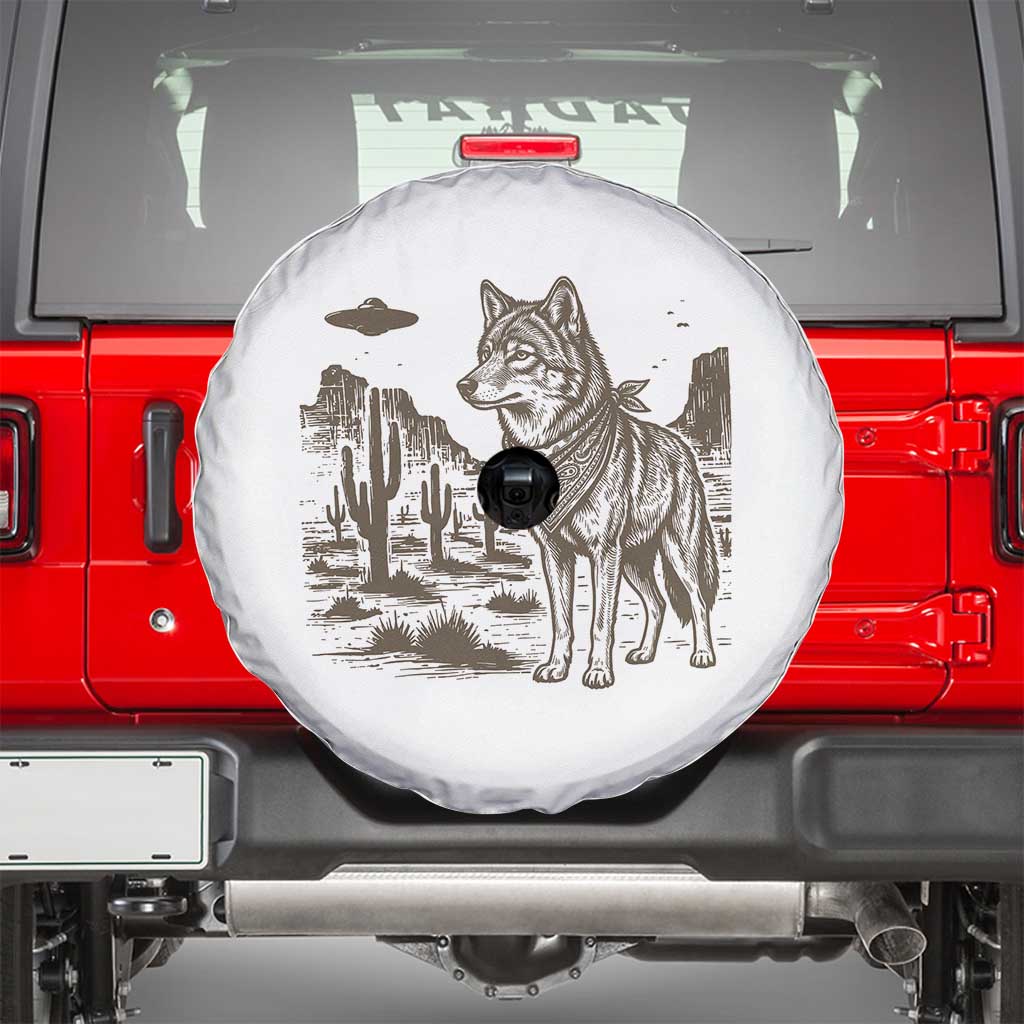 Vintage Coyote Cowboy UFO Spare Tire Cover Western Desert Southwest Coyote Alien