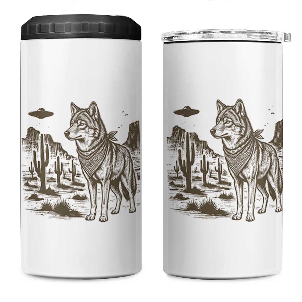 Vintage Coyote Cowboy UFO 4 in 1 Can Cooler Tumbler Western Desert Southwest Coyote Alien