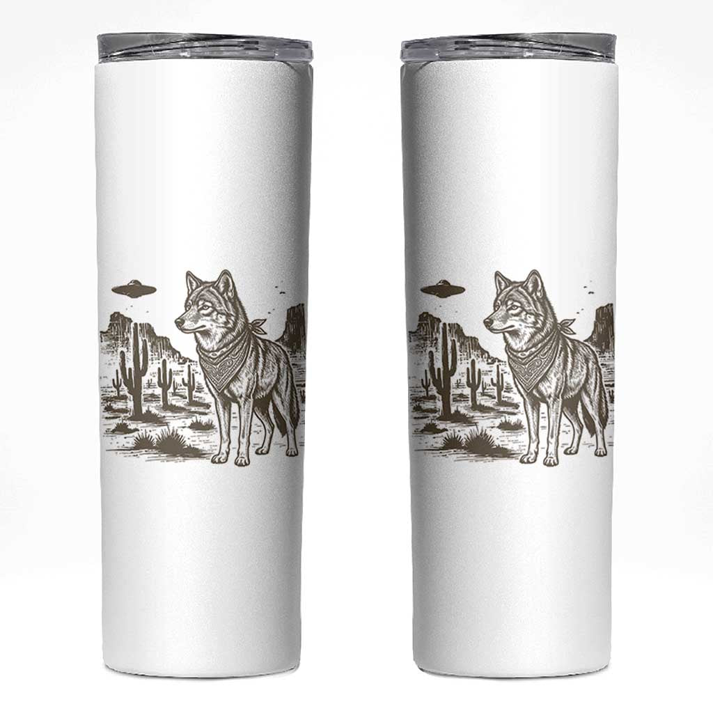 Vintage Coyote Cowboy UFO Skinny Tumbler Western Desert Southwest Coyote Alien