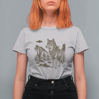 Vintage Coyote Cowboy UFO T Shirt For Women Western Desert Southwest Coyote Alien