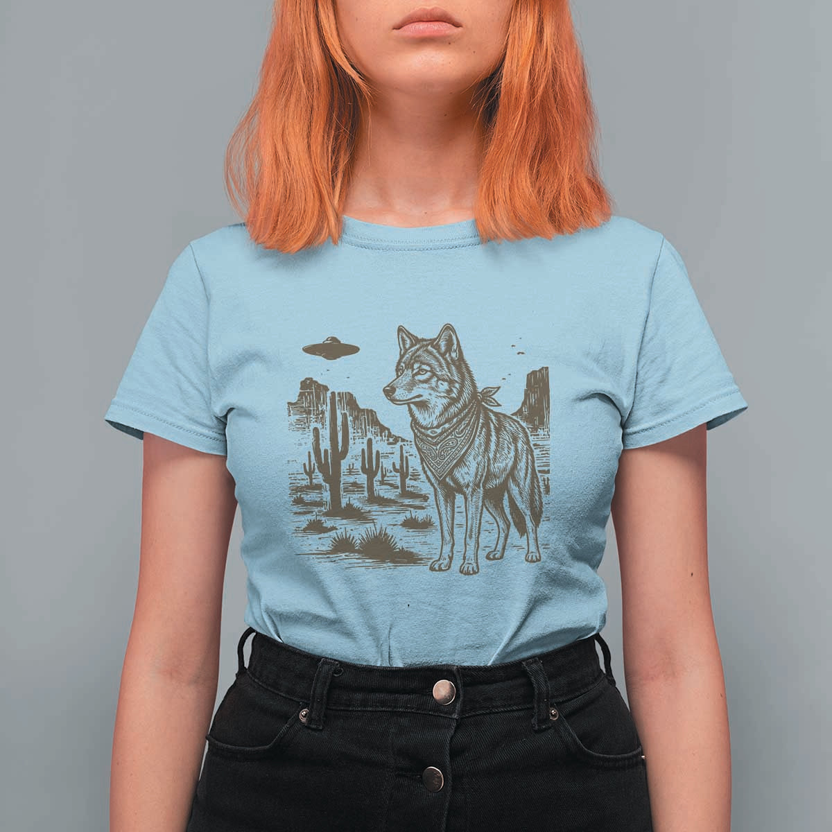 Vintage Coyote Cowboy UFO T Shirt For Women Western Desert Southwest Coyote Alien