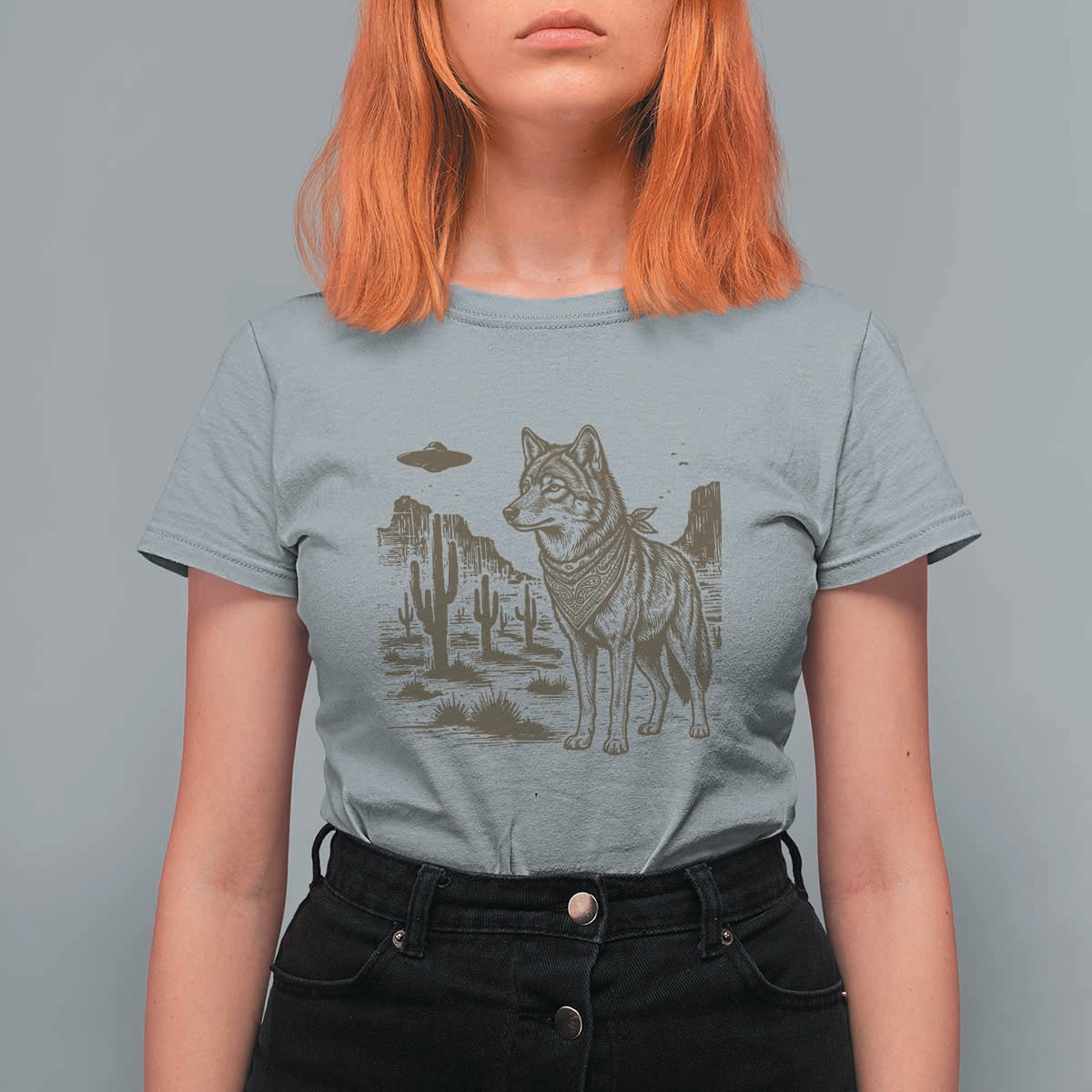 Vintage Coyote Cowboy UFO T Shirt For Women Western Desert Southwest Coyote Alien