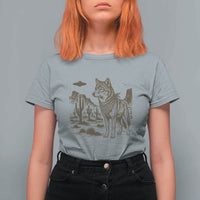 Vintage Coyote Cowboy UFO T Shirt For Women Western Desert Southwest Coyote Alien