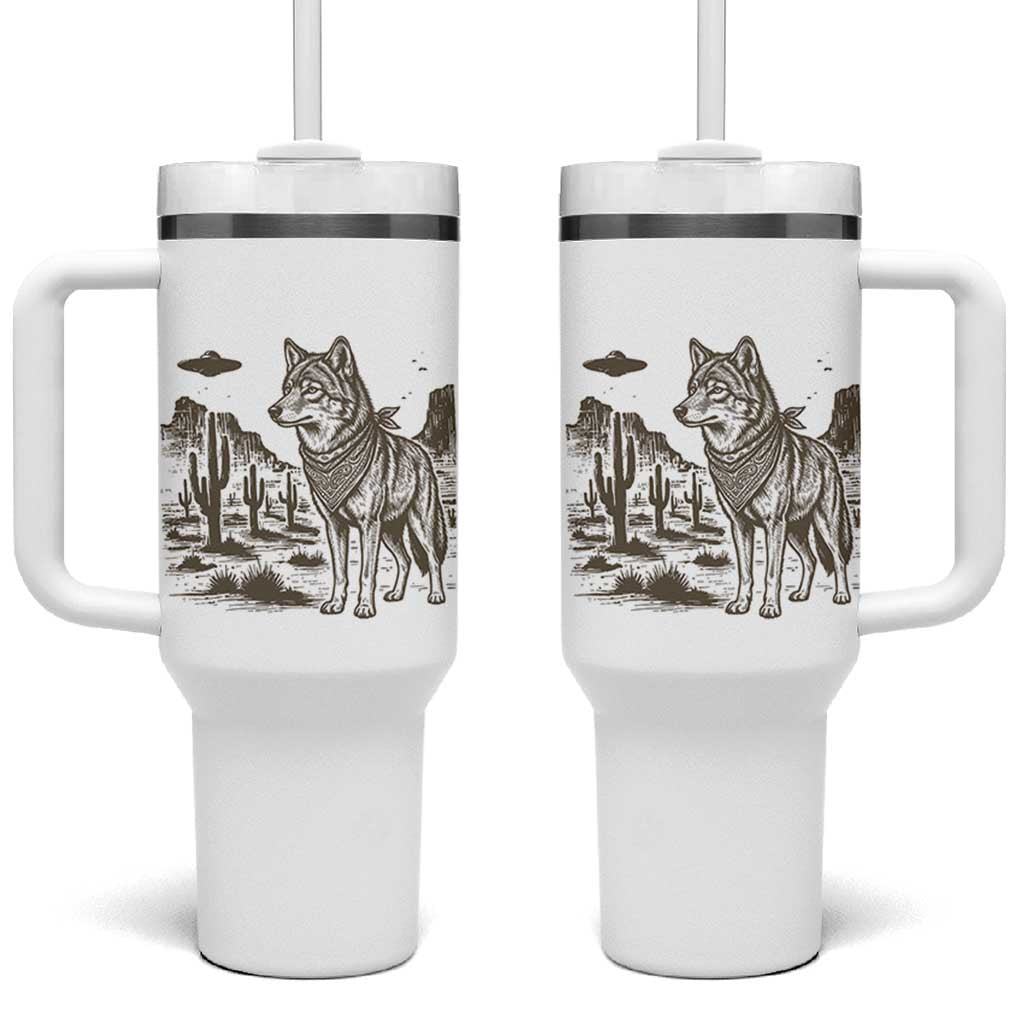 Vintage Coyote Cowboy UFO Tumbler With Handle Western Desert Southwest Coyote Alien