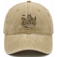 Vintage Coyote Cowboy UFO Washed Cotton Baseball Cap Western Desert Southwest Coyote Alien
