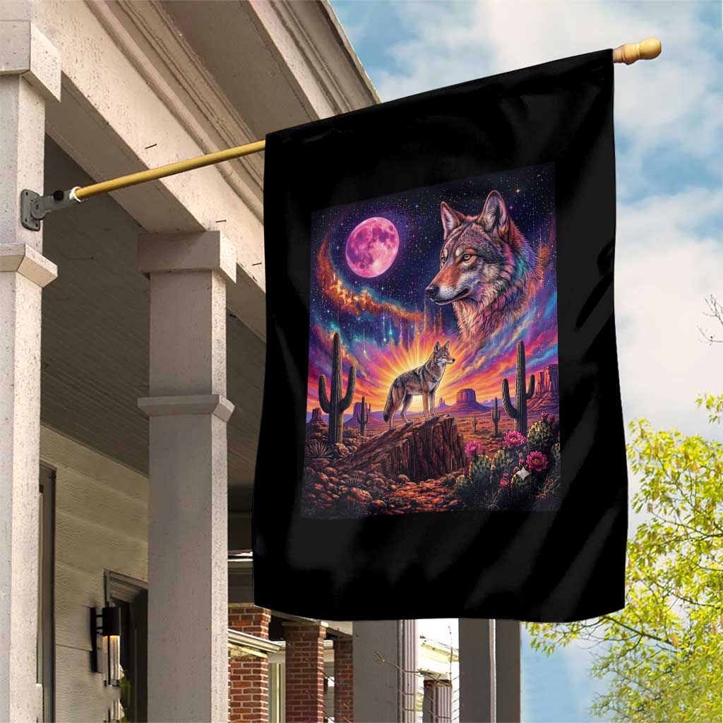 Arizona Coyote Vintage Desert Moon Retro Cactus Garden Flag Southwest Wildlife Western Adventure Graphic