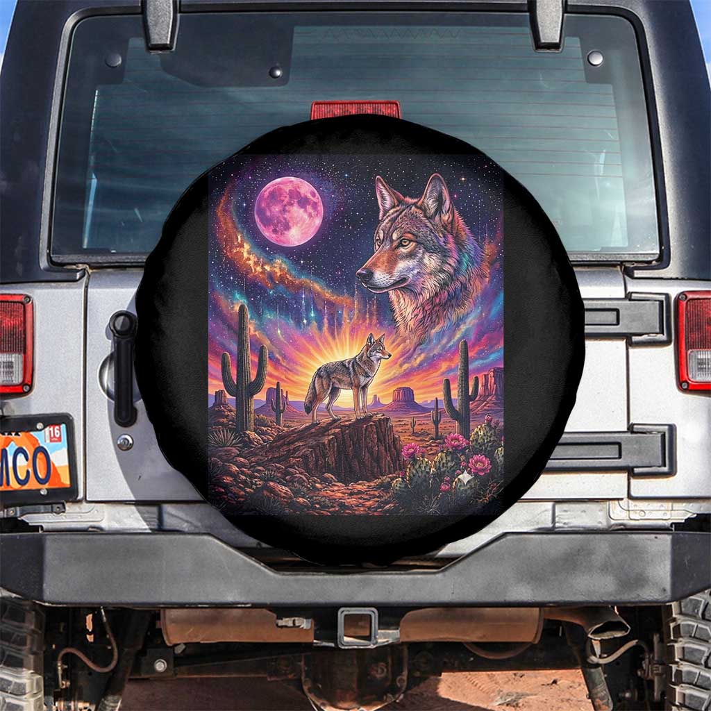 Arizona Coyote Vintage Desert Moon Retro Cactus Spare Tire Cover Southwest Wildlife Western Adventure Graphic