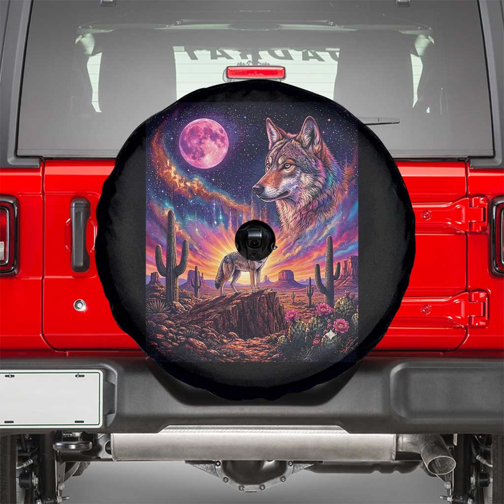 Arizona Coyote Vintage Desert Moon Retro Cactus Spare Tire Cover Southwest Wildlife Western Adventure Graphic