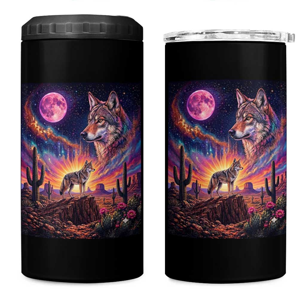 Arizona Coyote Vintage Desert Moon Retro Cactus 4 in 1 Can Cooler Tumbler Southwest Wildlife Western Adventure Graphic