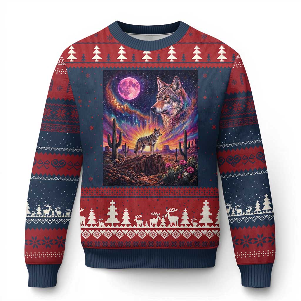 Arizona Coyote Vintage Desert Moon Retro Cactus Ugly Christmas Sweater Southwest Wildlife Western Adventure Graphic