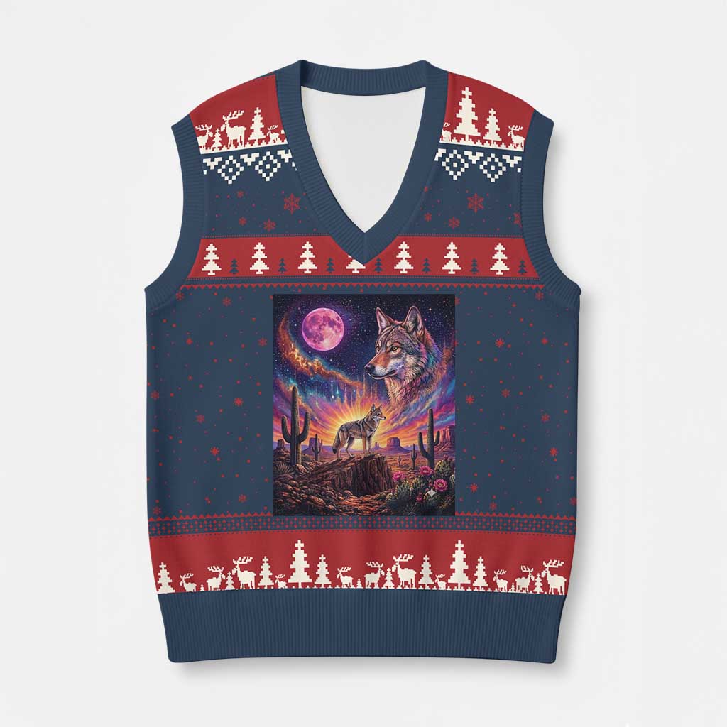 Arizona Coyote Vintage Desert Moon Retro Cactus V-Neck Knit Sweater Vest Southwest Wildlife Western Adventure Graphic