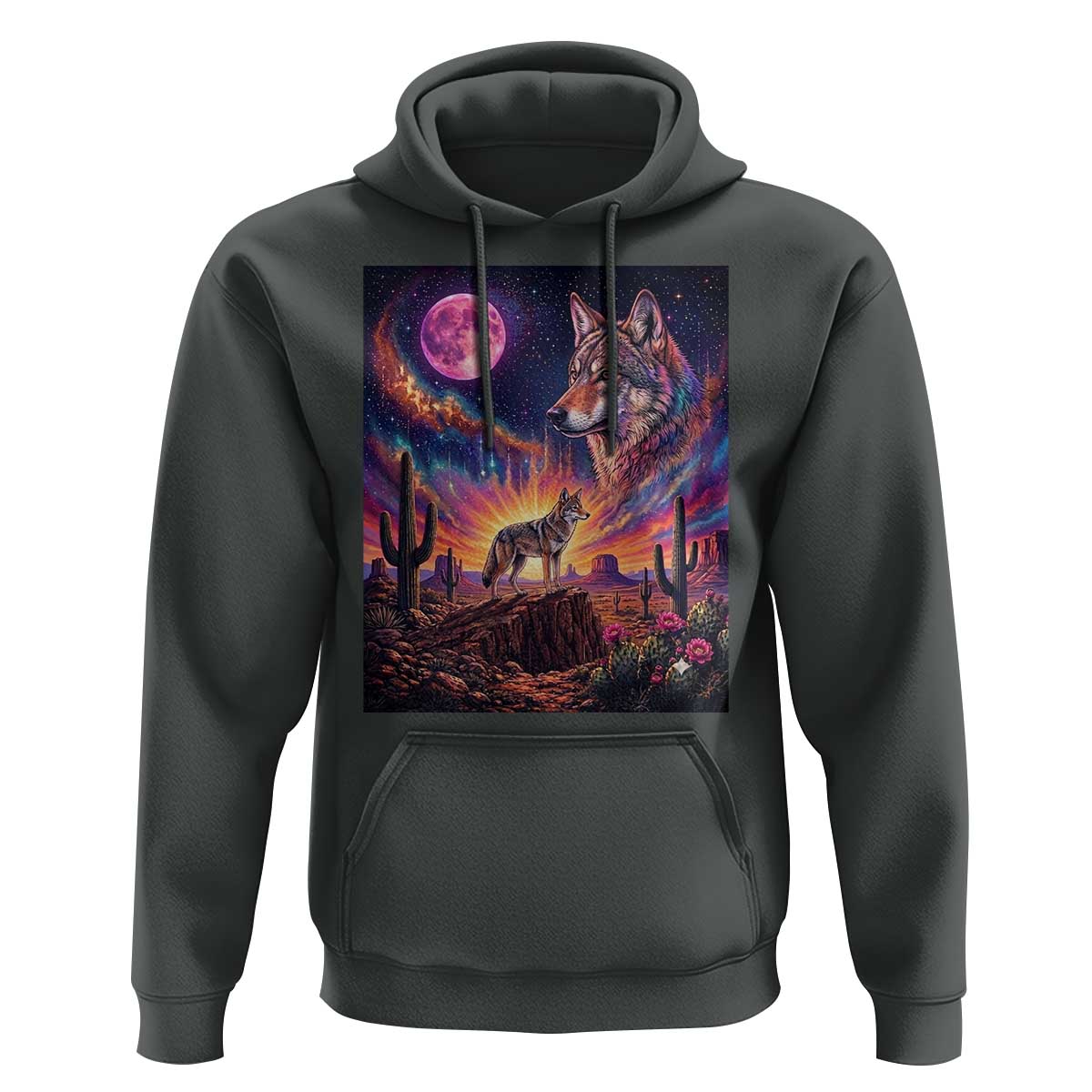 Arizona Coyote Vintage Desert Moon Retro Cactus Hoodie Southwest Wildlife Western Adventure Graphic