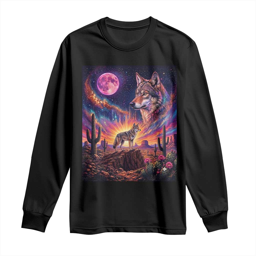 Arizona Coyote Vintage Desert Moon Retro Cactus Long Sleeve Shirt Southwest Wildlife Western Adventure Graphic