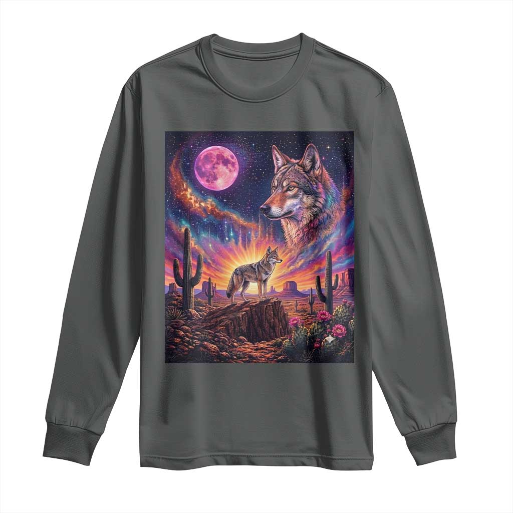 Arizona Coyote Vintage Desert Moon Retro Cactus Long Sleeve Shirt Southwest Wildlife Western Adventure Graphic