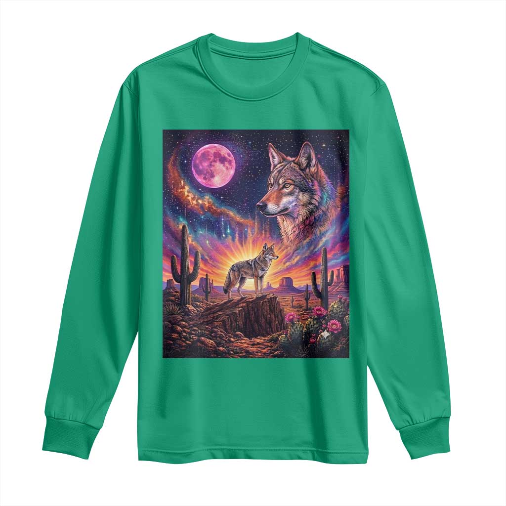 Arizona Coyote Vintage Desert Moon Retro Cactus Long Sleeve Shirt Southwest Wildlife Western Adventure Graphic