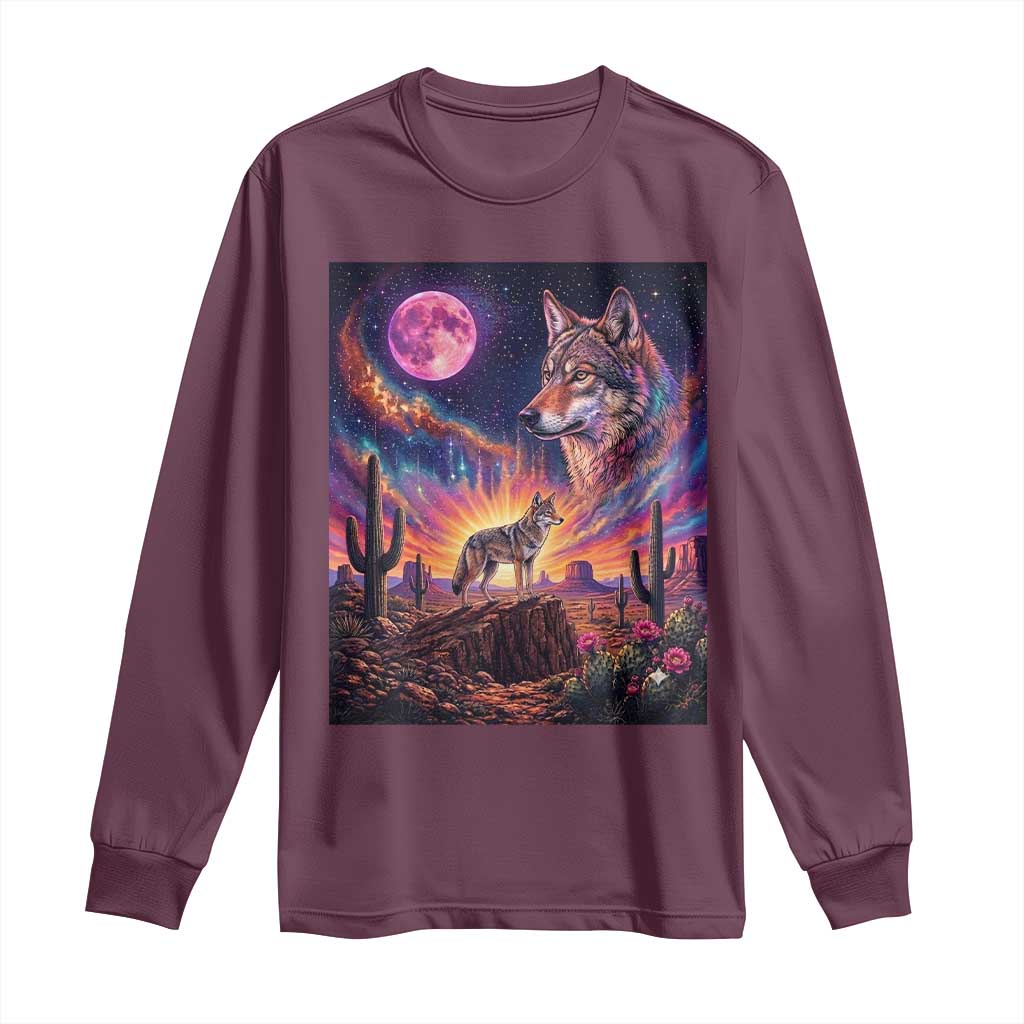 Arizona Coyote Vintage Desert Moon Retro Cactus Long Sleeve Shirt Southwest Wildlife Western Adventure Graphic