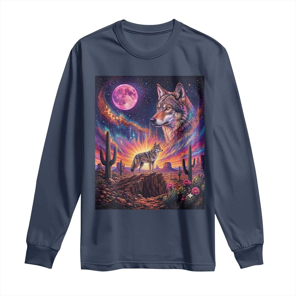 Arizona Coyote Vintage Desert Moon Retro Cactus Long Sleeve Shirt Southwest Wildlife Western Adventure Graphic