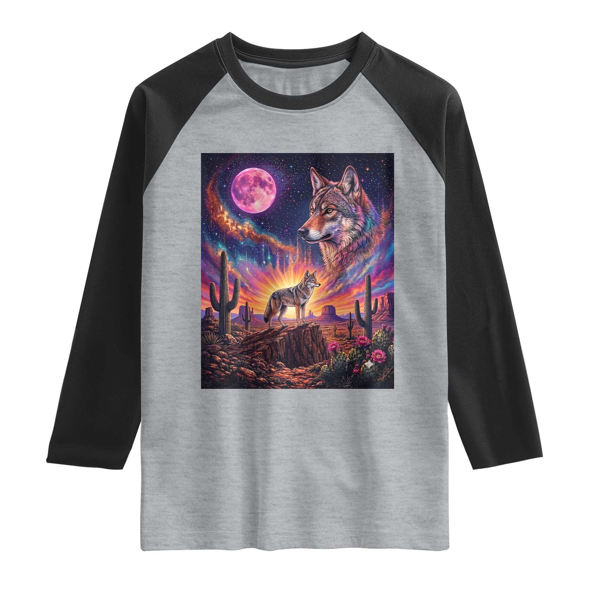Arizona Coyote Vintage Desert Moon Retro Cactus Raglan Shirt Southwest Wildlife Western Adventure Graphic