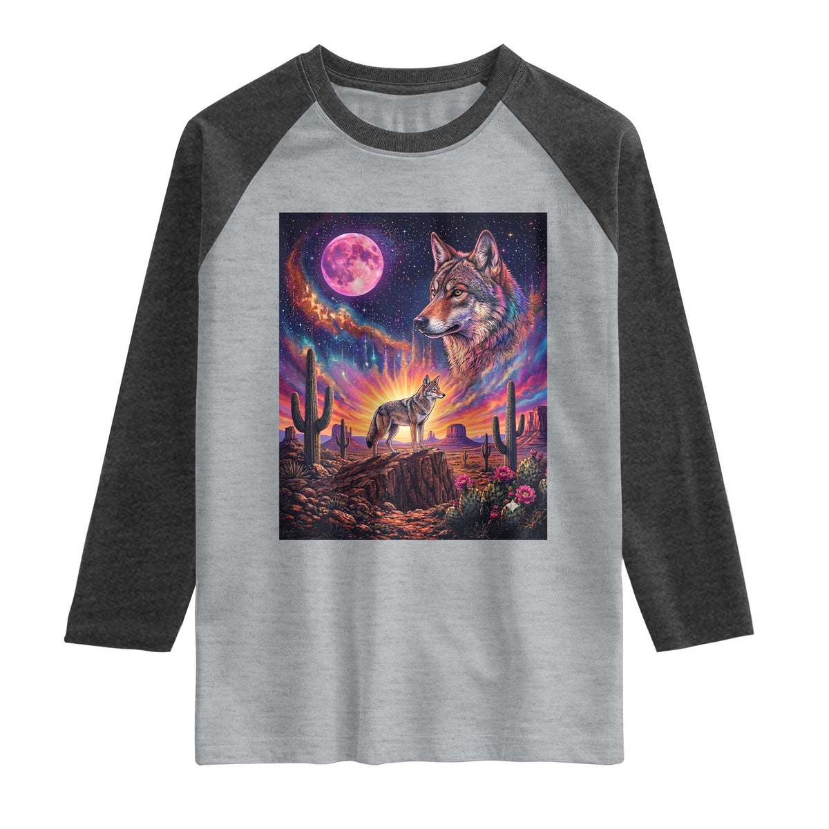 Arizona Coyote Vintage Desert Moon Retro Cactus Raglan Shirt Southwest Wildlife Western Adventure Graphic