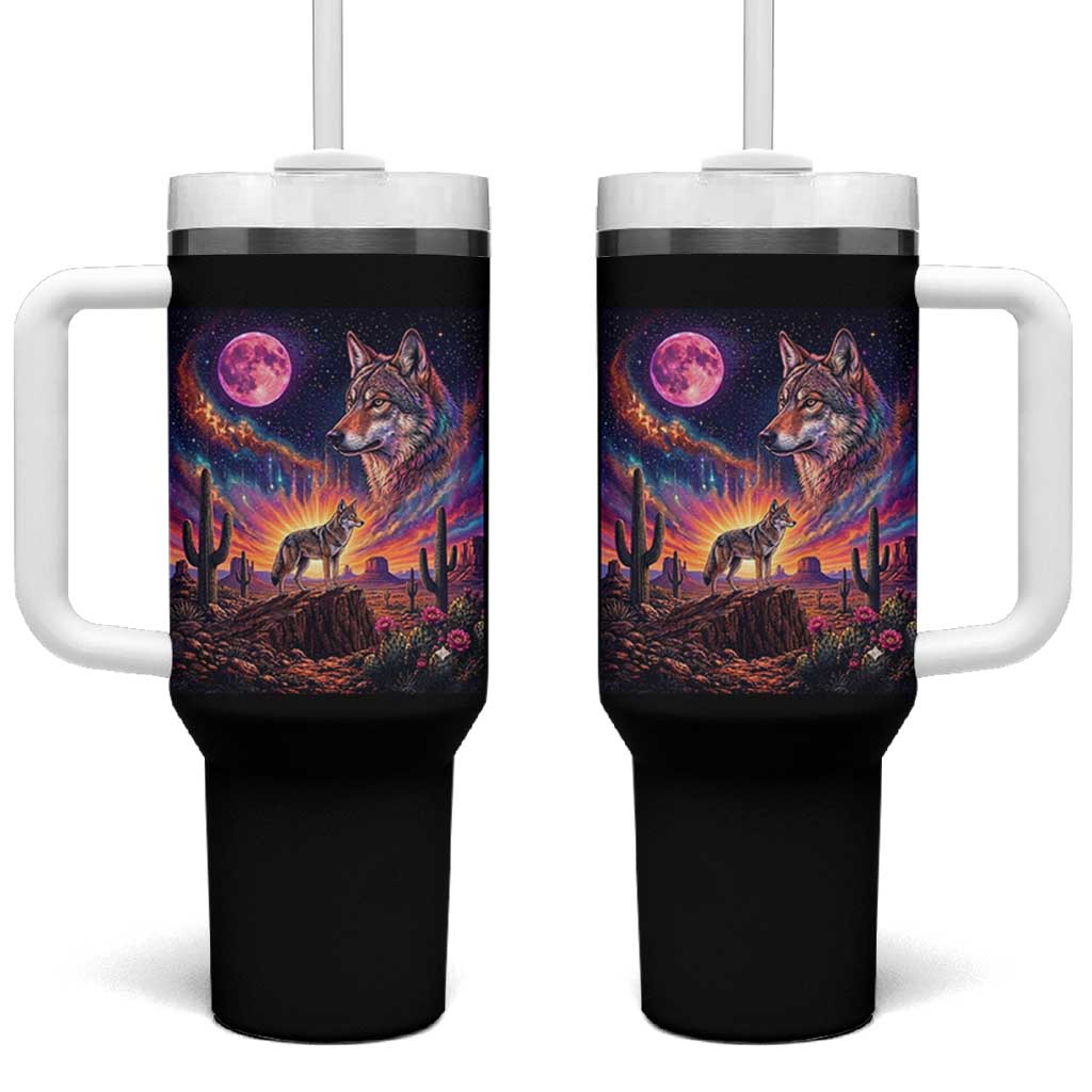 Arizona Coyote Vintage Desert Moon Retro Cactus Tumbler With Handle Southwest Wildlife Western Adventure Graphic