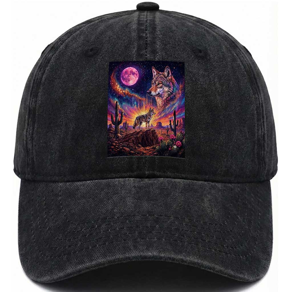 Arizona Coyote Vintage Desert Moon Retro Cactus Washed Cotton Baseball Cap Southwest Wildlife Western Adventure Graphic