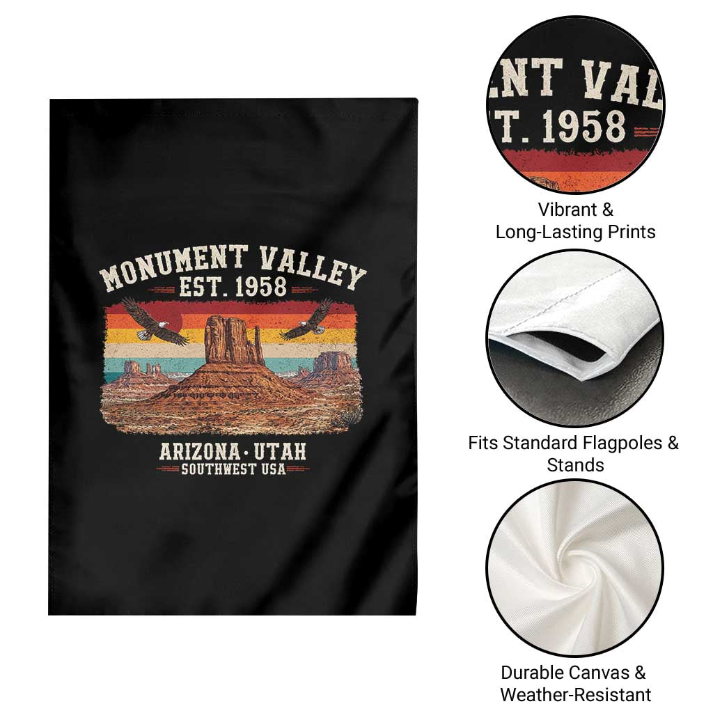 Retro Monument Valley Arizona Utah Sunset Established 1958 Garden Flag Southwest Desert Eagle Road Trip Nature Souvenir