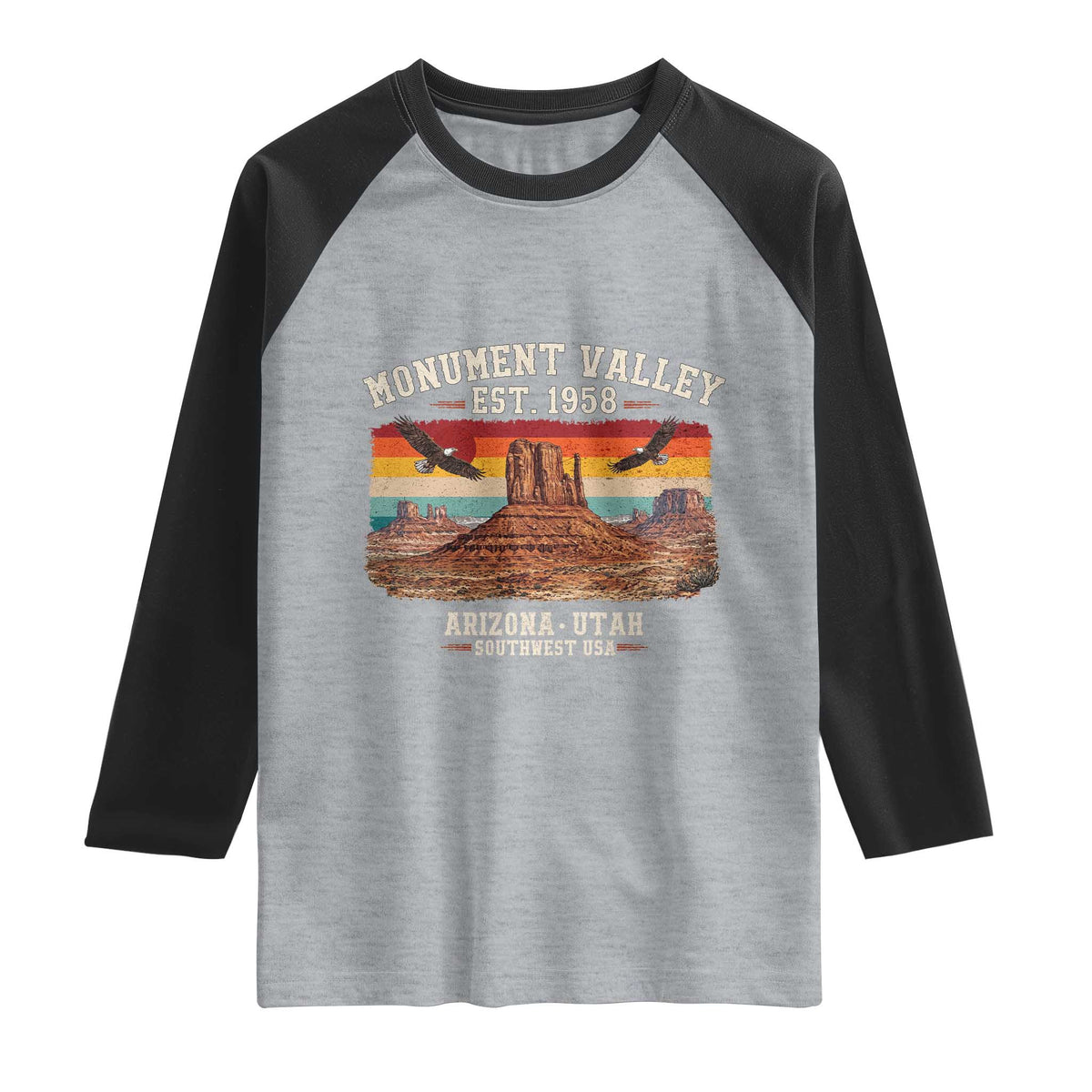 Retro Monument Valley Arizona Utah Sunset Established 1958 Raglan Shirt Southwest Desert Eagle Road Trip Nature Souvenir