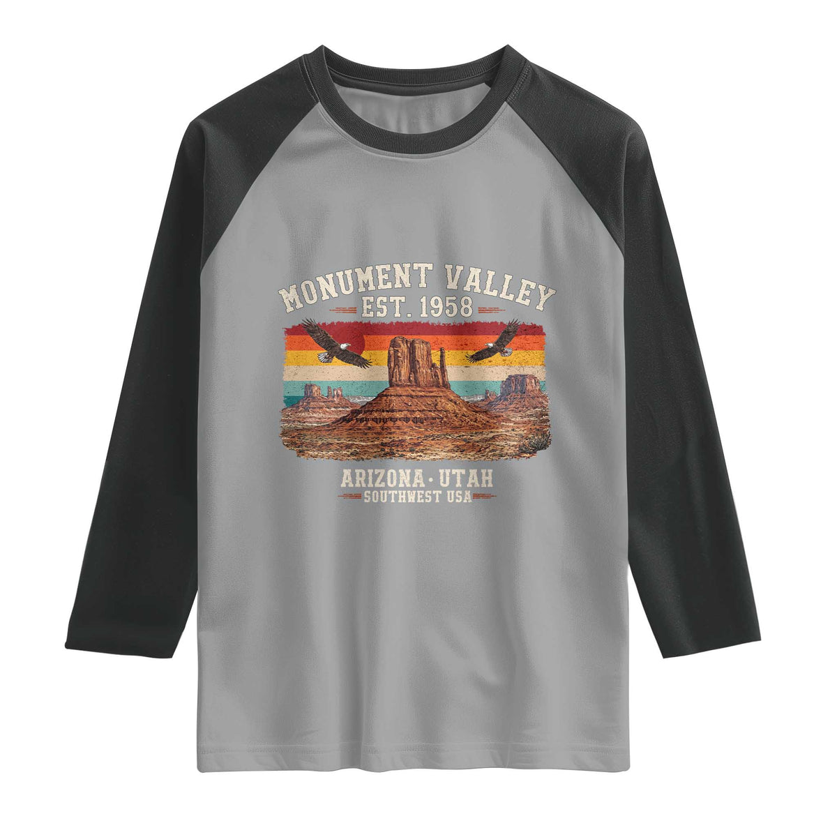 Retro Monument Valley Arizona Utah Sunset Established 1958 Raglan Shirt Southwest Desert Eagle Road Trip Nature Souvenir