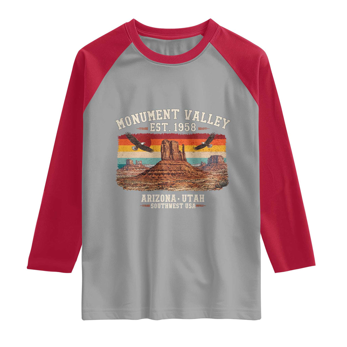 Retro Monument Valley Arizona Utah Sunset Established 1958 Raglan Shirt Southwest Desert Eagle Road Trip Nature Souvenir