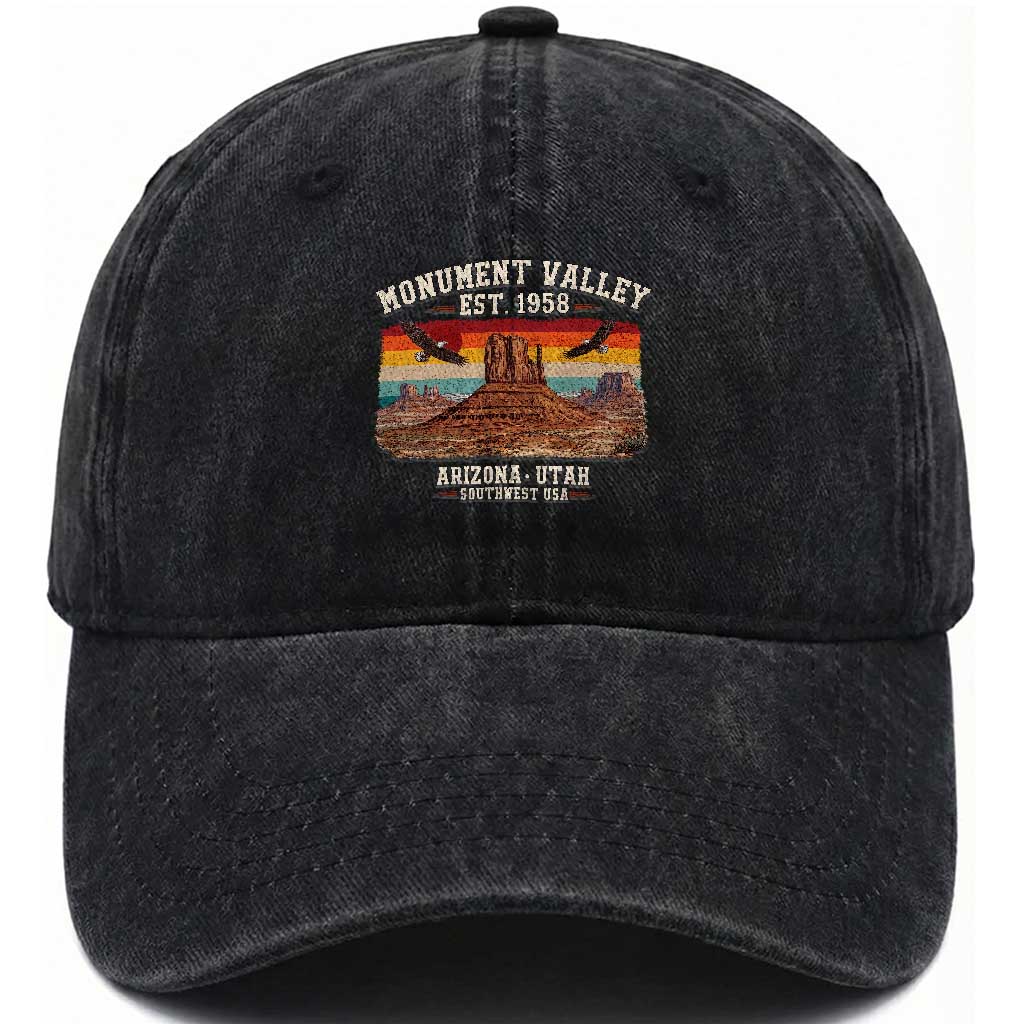 Retro Monument Valley Arizona Utah Sunset Established 1958 Washed Cotton Baseball Cap Southwest Desert Eagle Road Trip Nature Souvenir