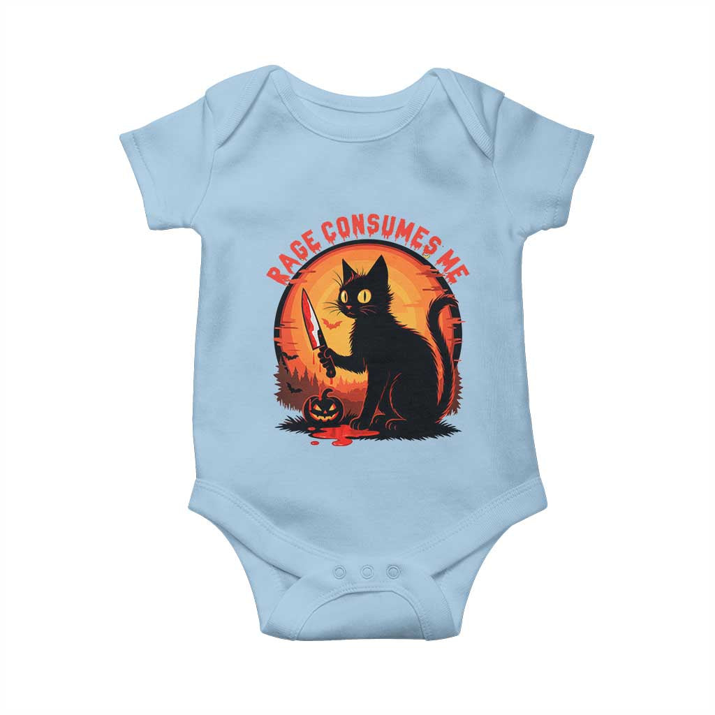 Funny Black Cat Halloween Funny Black Cat Murderous Cat With Knife Baby Onesie Rage Is Consuming Me - Wonder Print Shop
