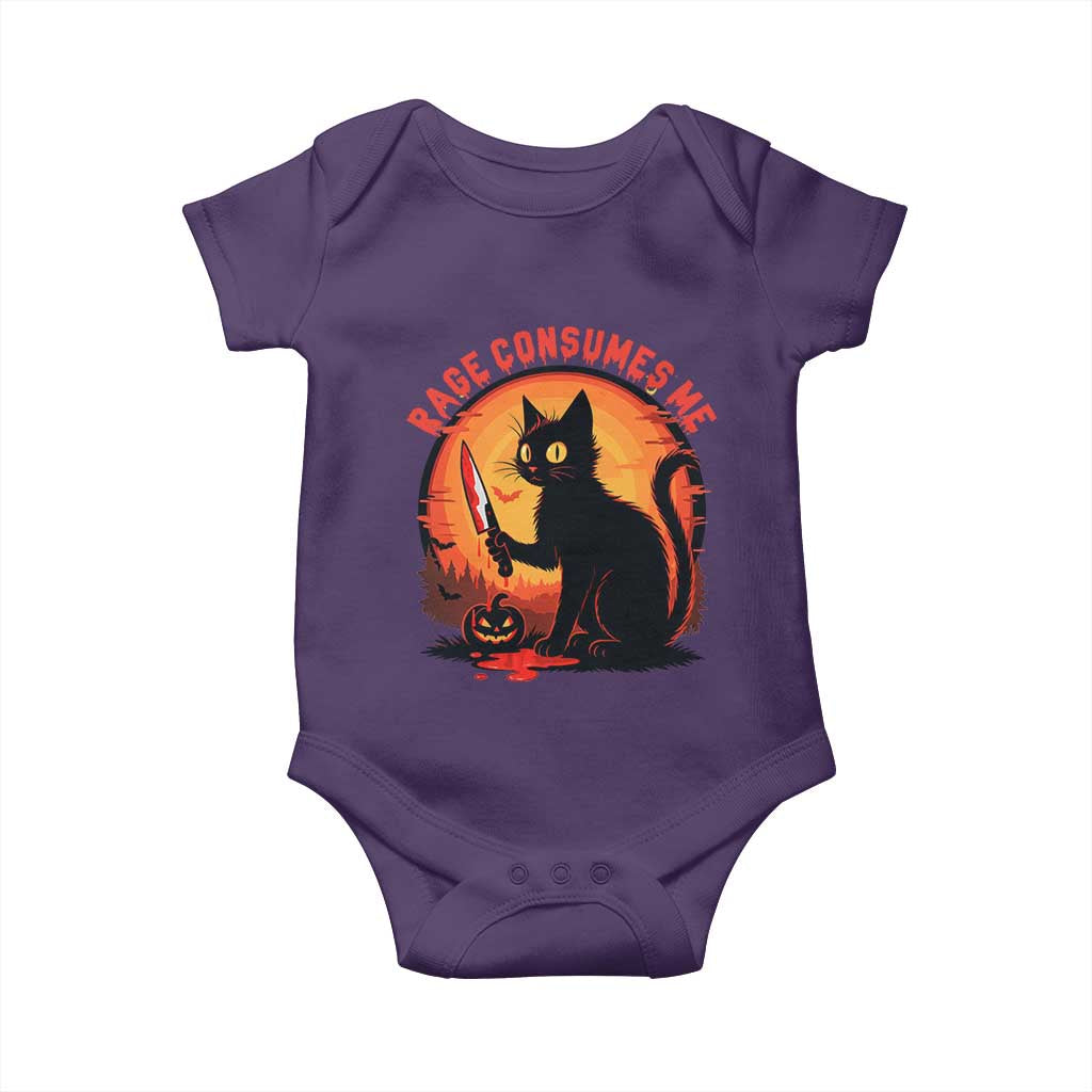 Funny Black Cat Halloween Funny Black Cat Murderous Cat With Knife Baby Onesie Rage Is Consuming Me - Wonder Print Shop