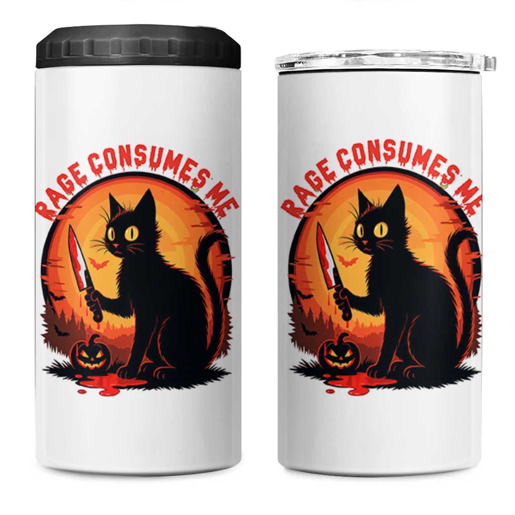 Funny Black Cat Halloween Funny Black Cat Murderous Cat With Knife 4 in 1 Can Cooler Tumbler Rage Is Consuming Me