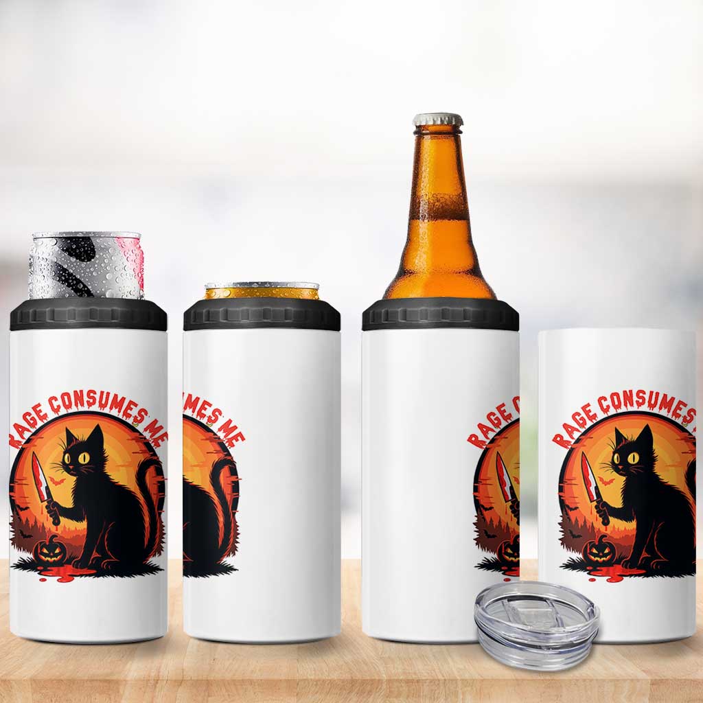 Funny Black Cat Halloween Funny Black Cat Murderous Cat With Knife 4 in 1 Can Cooler Tumbler Rage Is Consuming Me