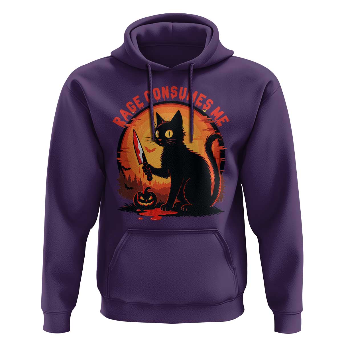 Funny Black Cat Halloween Funny Black Cat Murderous Cat With Knife Hoodie Rage Is Consuming Me - Wonder Print Shop